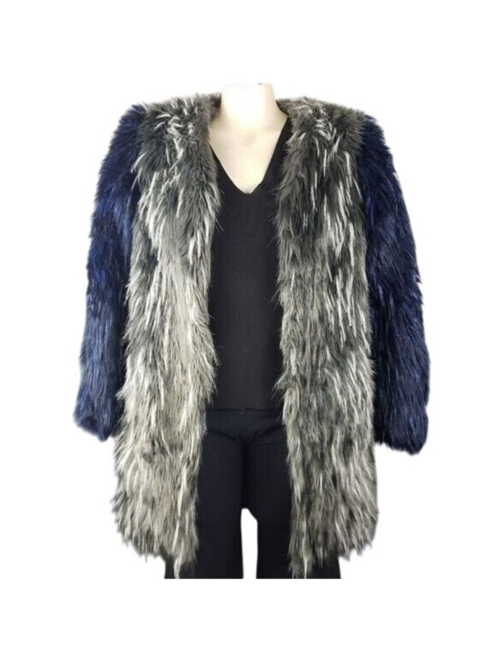 Glamorous Faux Fur Colorblock Coat XS Blue & Gray Longline Jacket